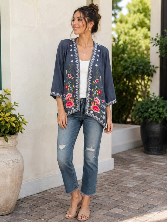 Anthropologie Sweaters - Anthropologie Solitaire Embroidered Floral Boho Kimono Cardigan Medium